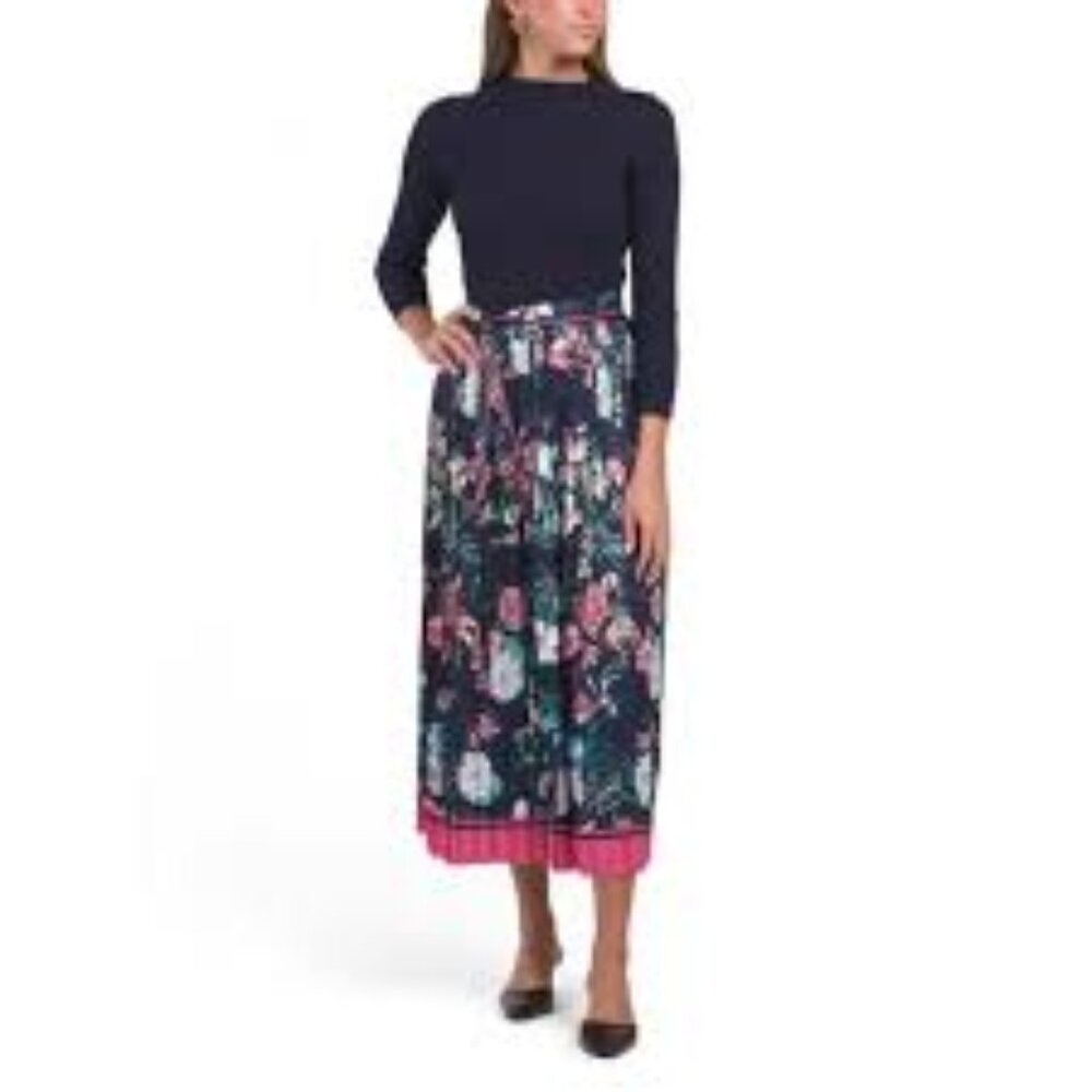Dalia MacPhee Navy Blue Pleated Floral Dress with Matching Scarf XL